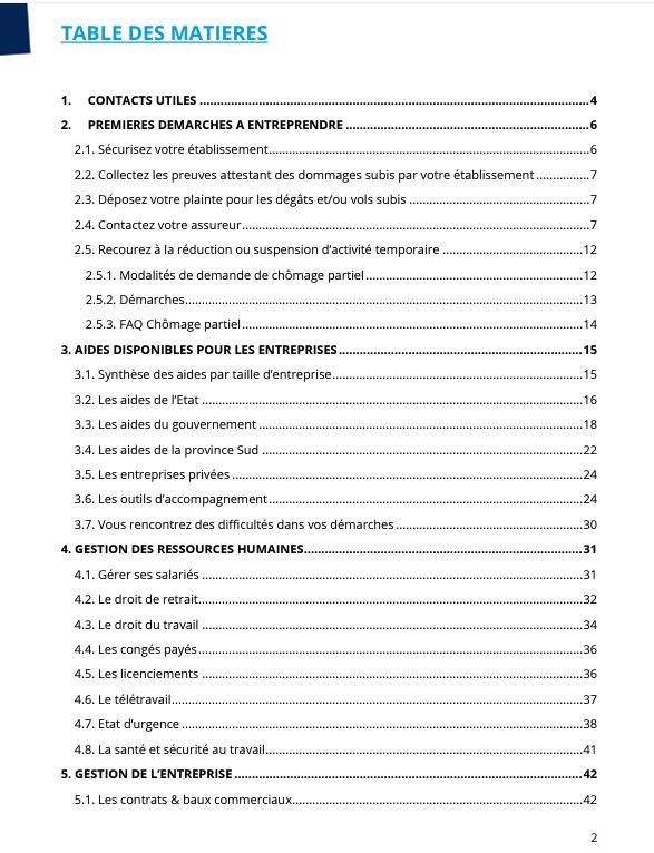table des matières guide pratique